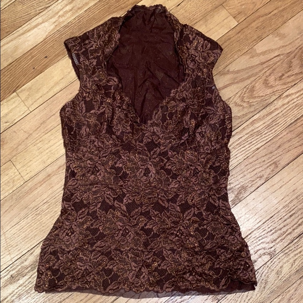 Bronze stretch lace banded top mesh lined